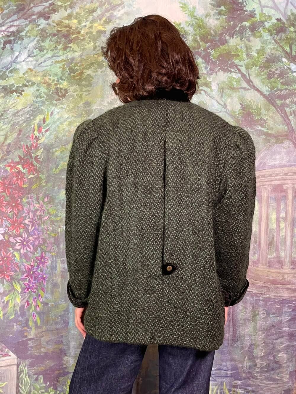 Vintage Helene Straber Austrian Wool Green Jacket with Black Velvet Trim
