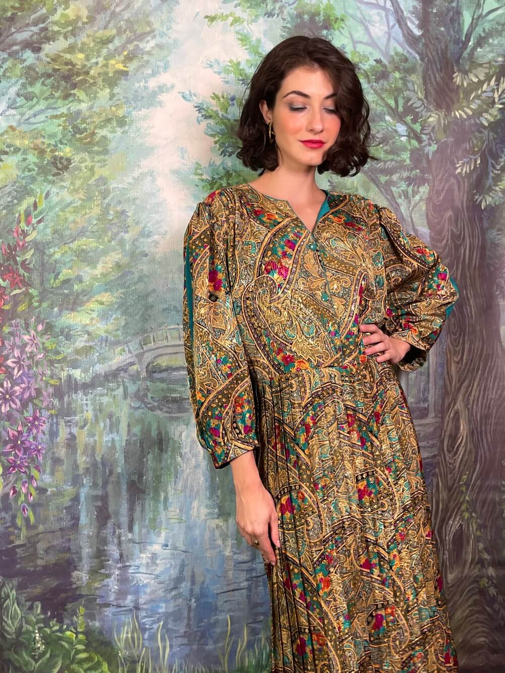 Vintage Jacquard Paisley Floral Metallic Midi Dress with Balloon Sleeves