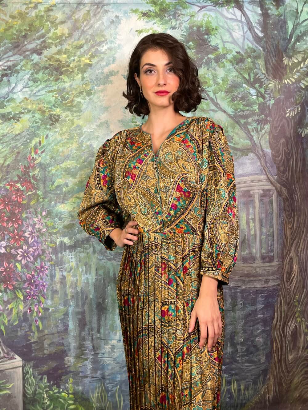 Vintage Jacquard Paisley Floral Metallic Midi Dress with Balloon Sleeves