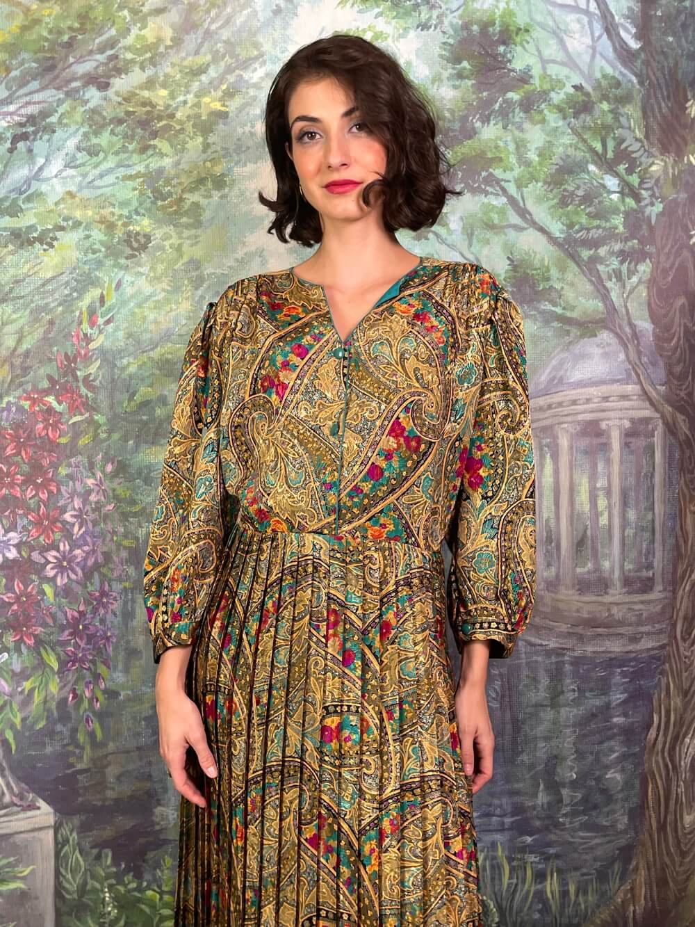 Vintage Jacquard Paisley Floral Metallic Midi Dress with Balloon Sleeves