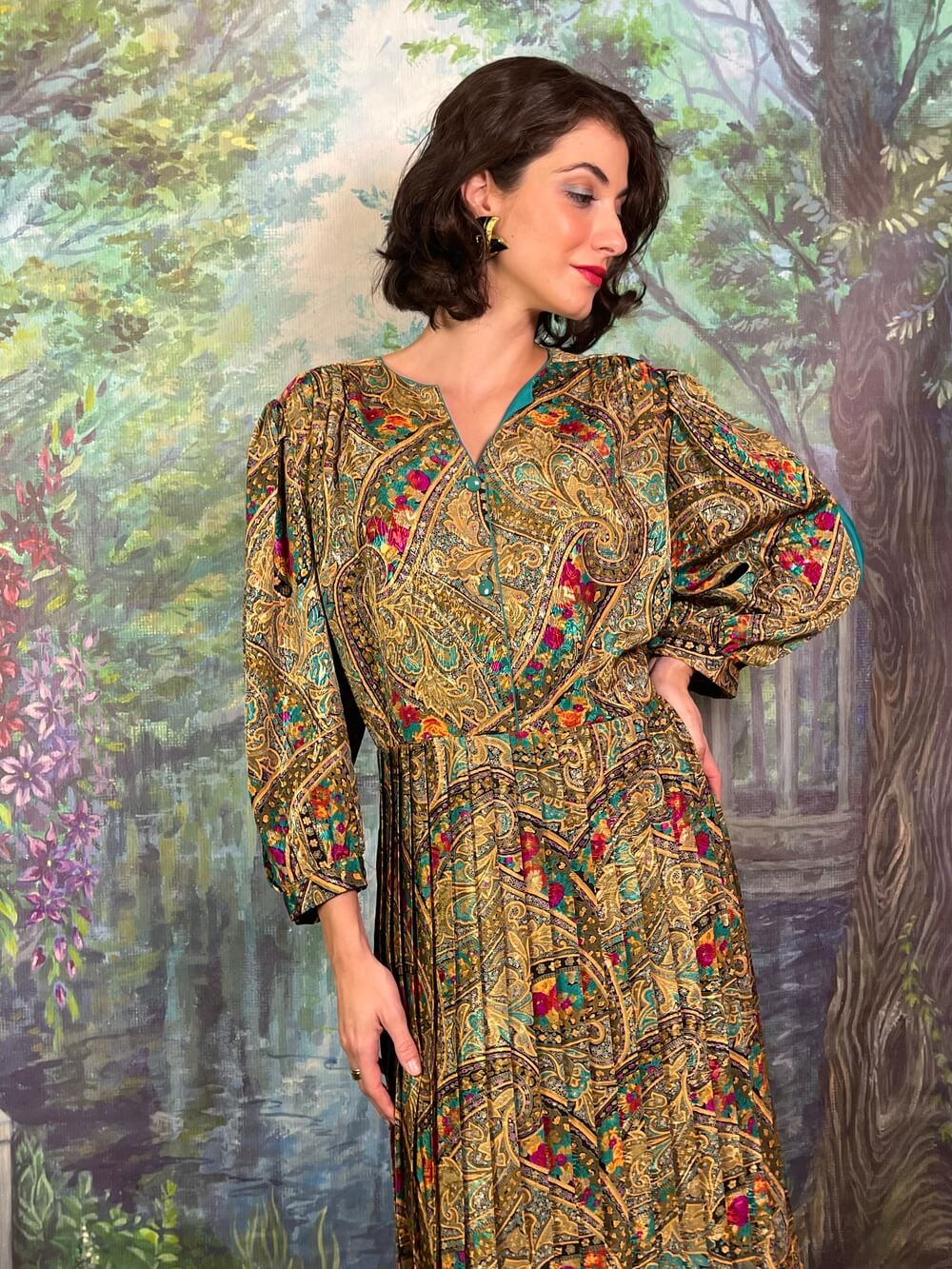 Vintage Jacquard Paisley Floral Metallic Midi Dress with Balloon Sleeves