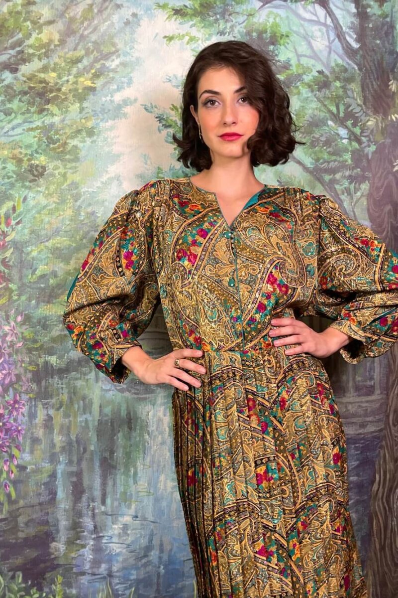 Vintage Jacquard Paisley Floral Metallic Midi Dress with Balloon Sleeves
