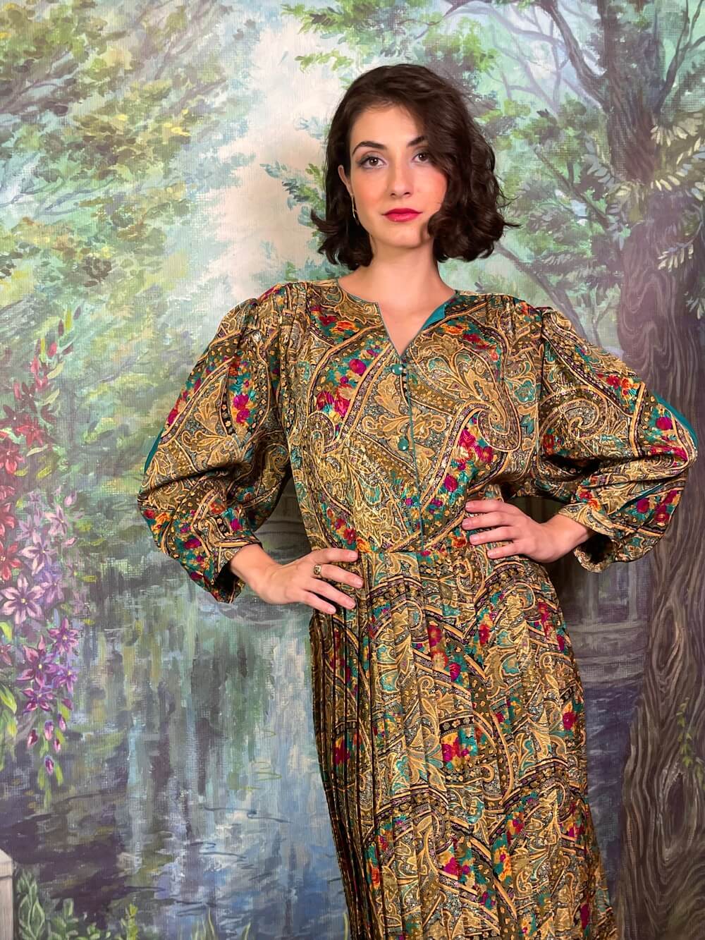 Vintage Jacquard Paisley Floral Metallic Midi Dress with Balloon Sleeves