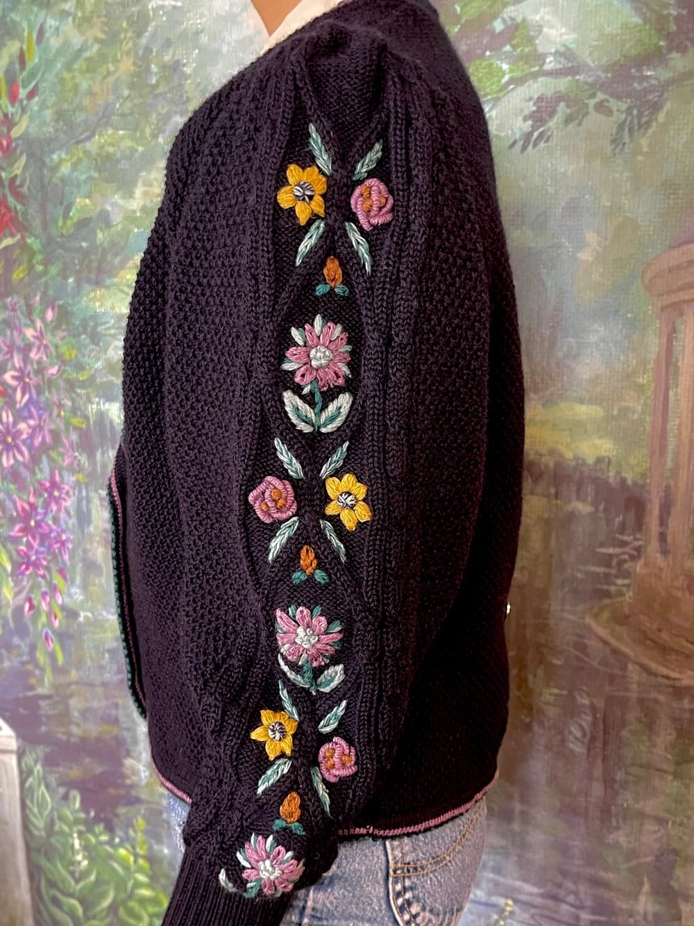 Austrian Wool Knit Cardigan with Floral Embroidery