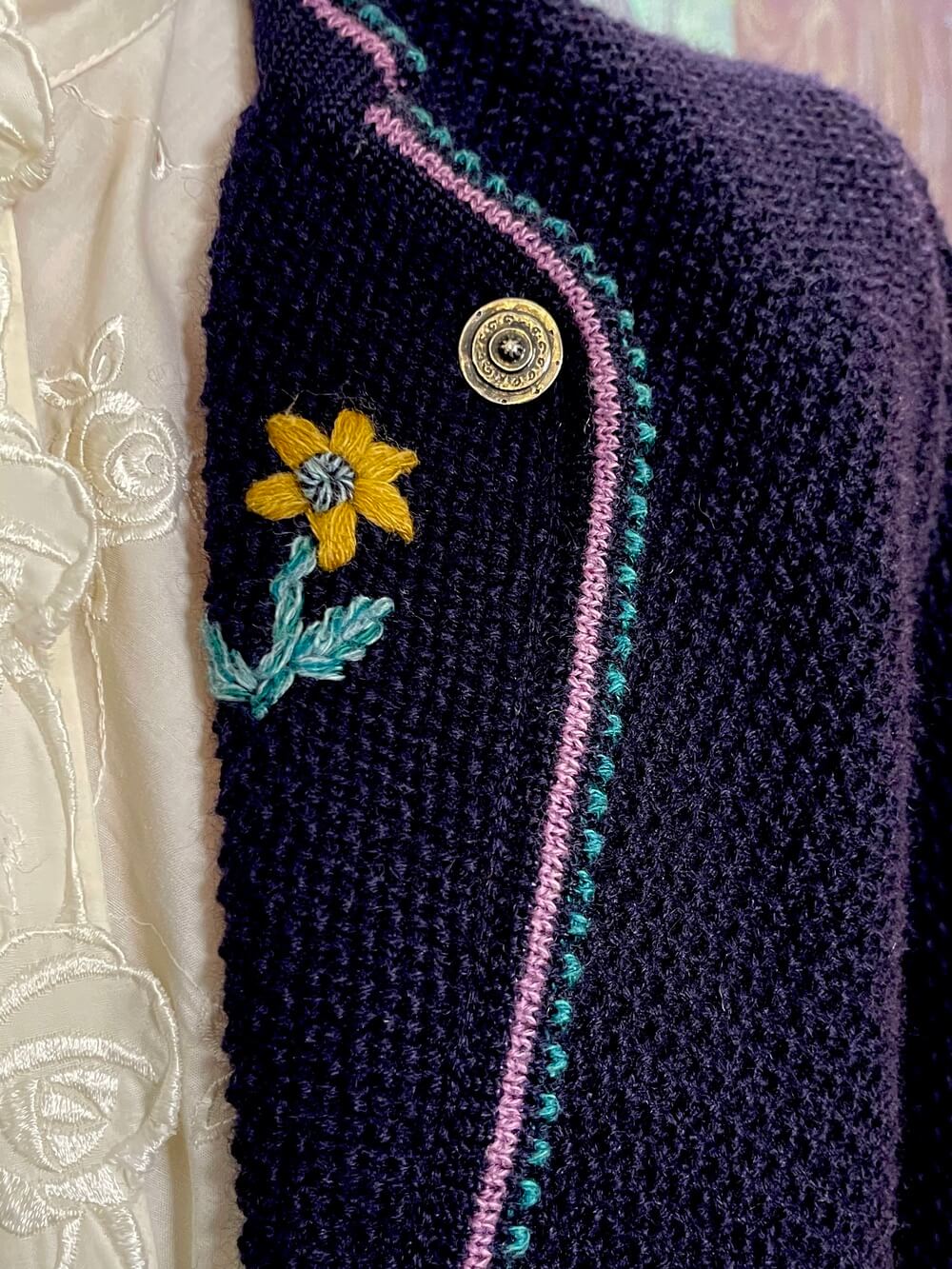Austrian Wool Knit Cardigan with Floral Embroidery