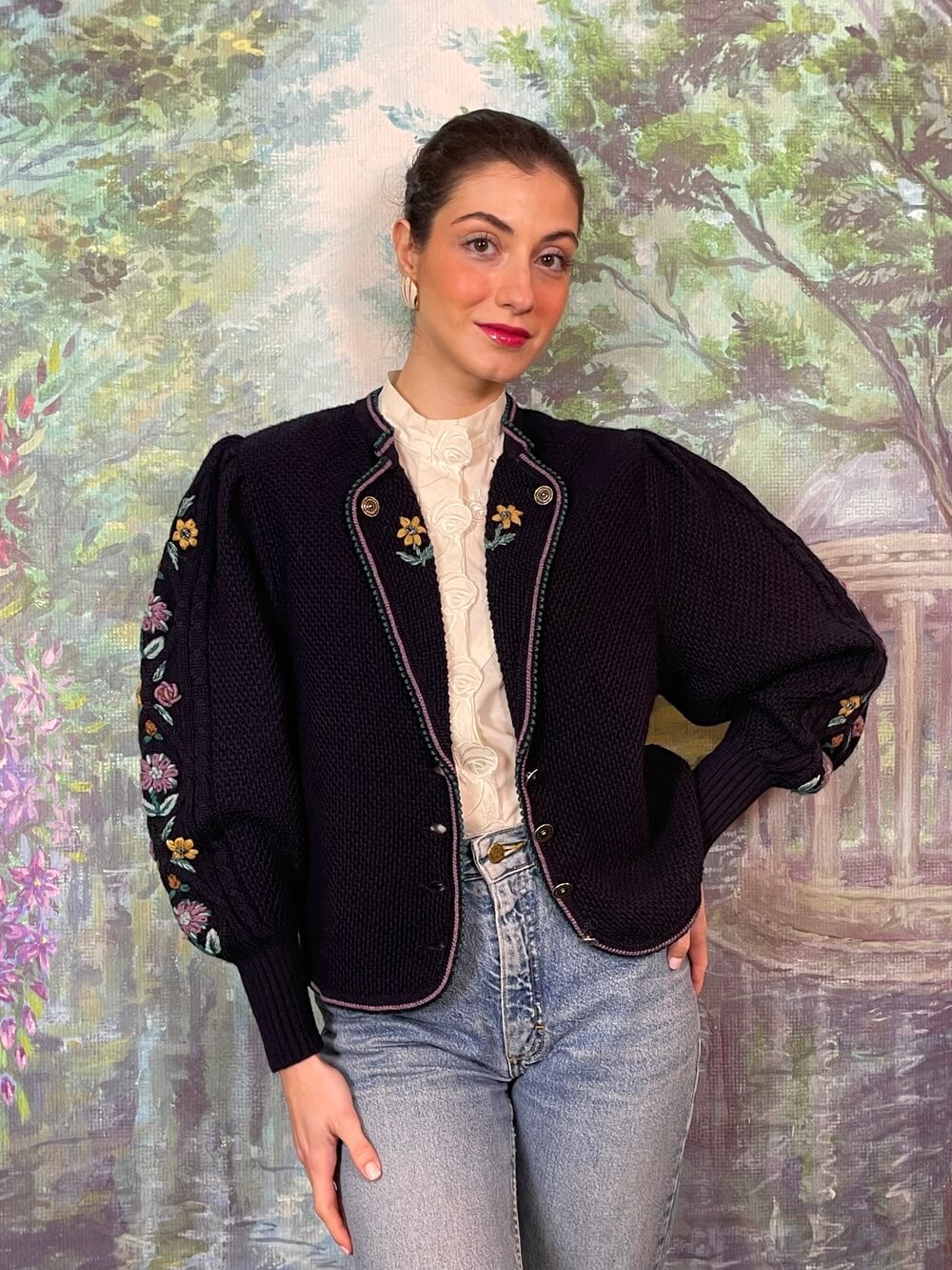 Austrian Wool Knit Cardigan with Floral Embroidery