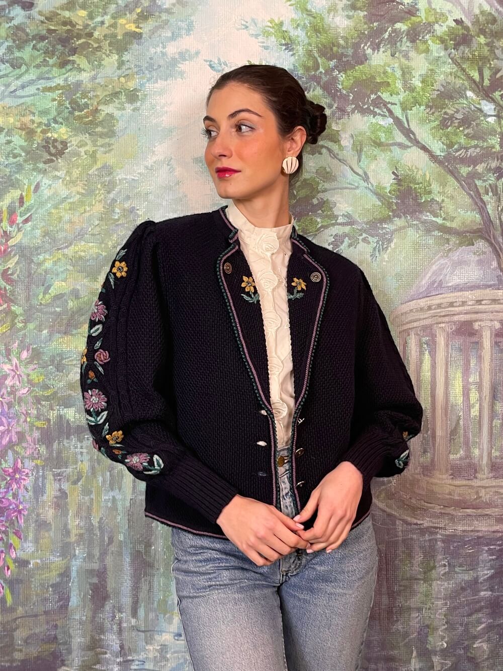 Austrian Wool Knit Cardigan with Floral Embroidery