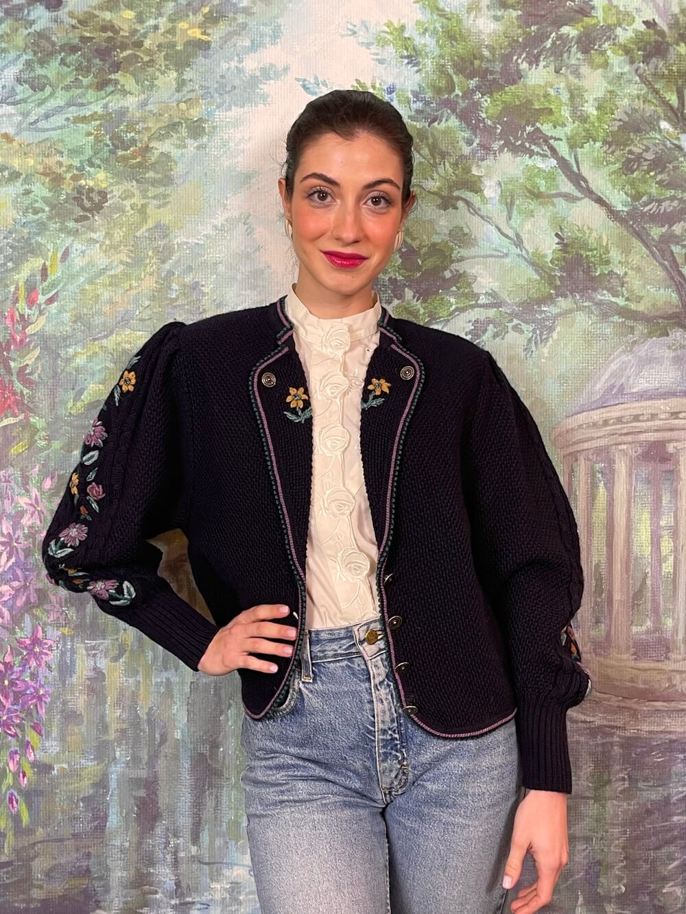 Austrian Wool Knit Cardigan with Floral Embroidery
