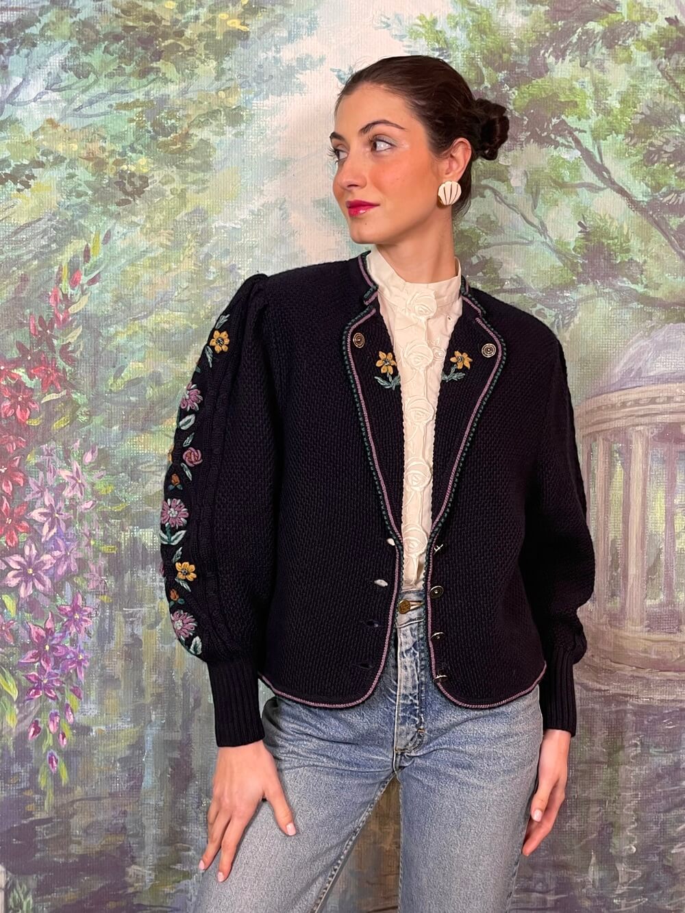 Austrian Wool Knit Cardigan with Floral Embroidery