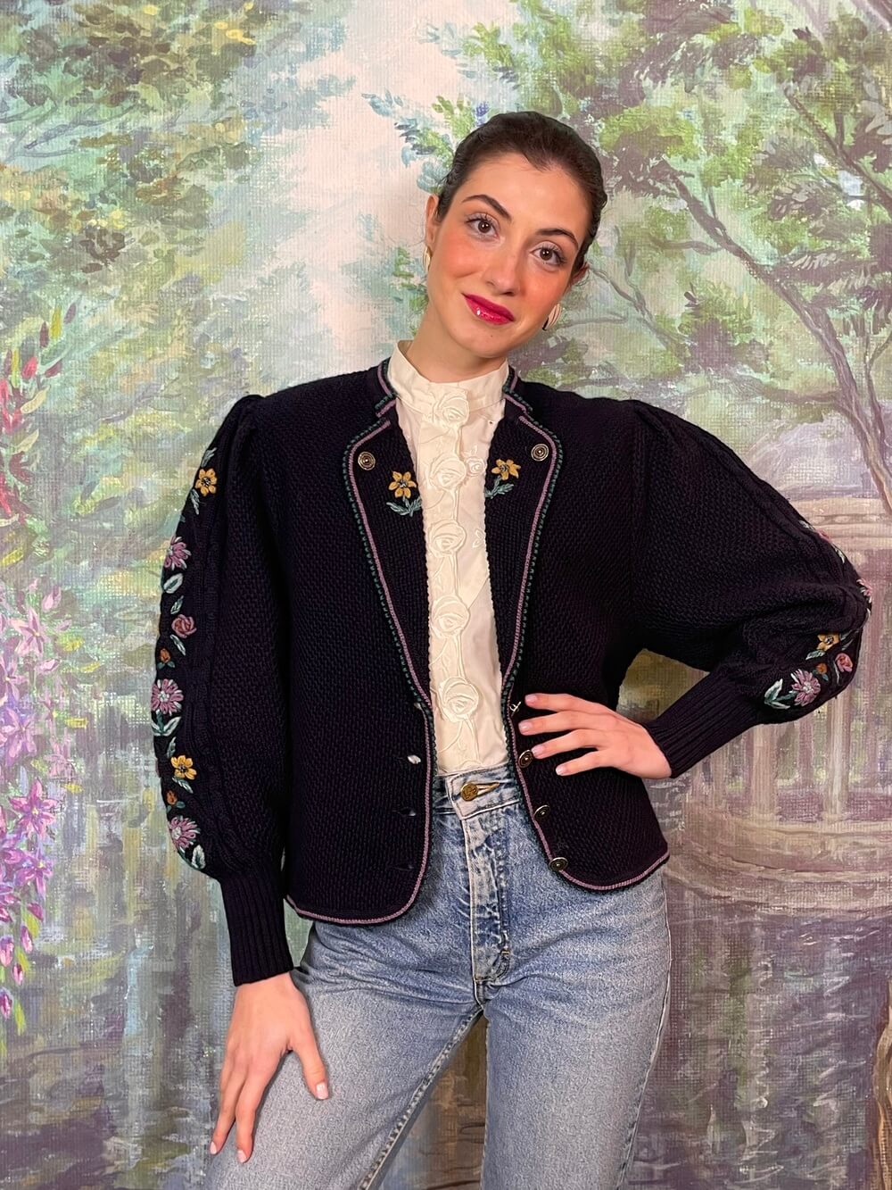 Austrian Wool Knit Cardigan with Floral Embroidery