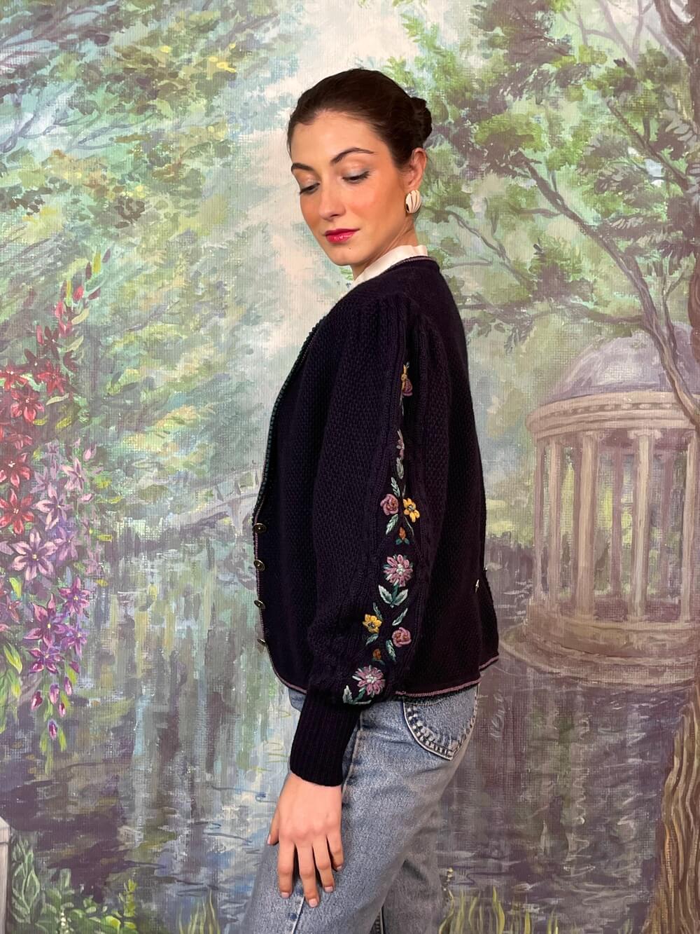 Austrian Wool Knit Cardigan with Floral Embroidery
