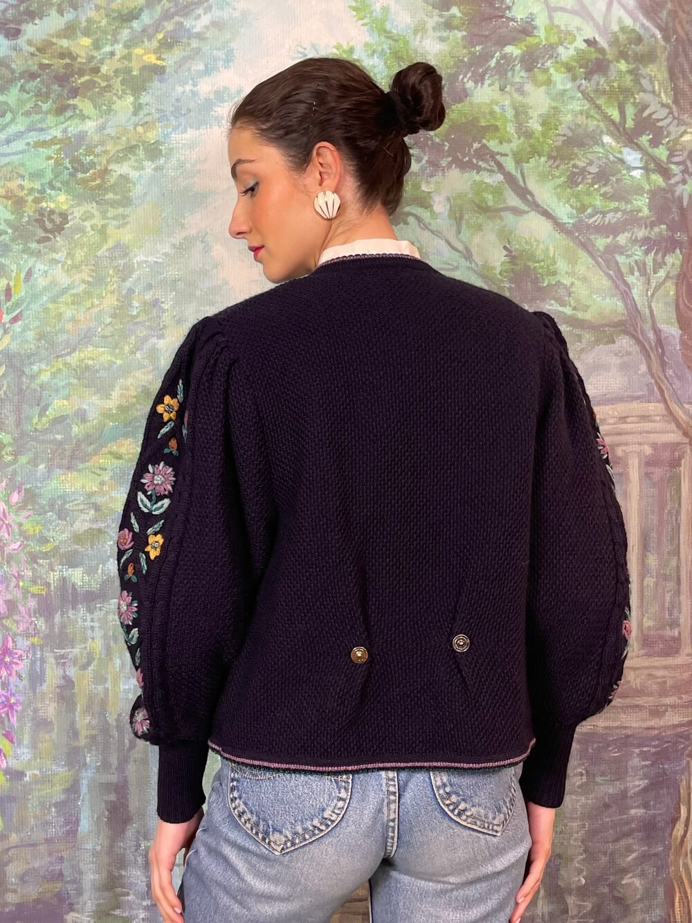 Austrian Wool Knit Cardigan with Floral Embroidery