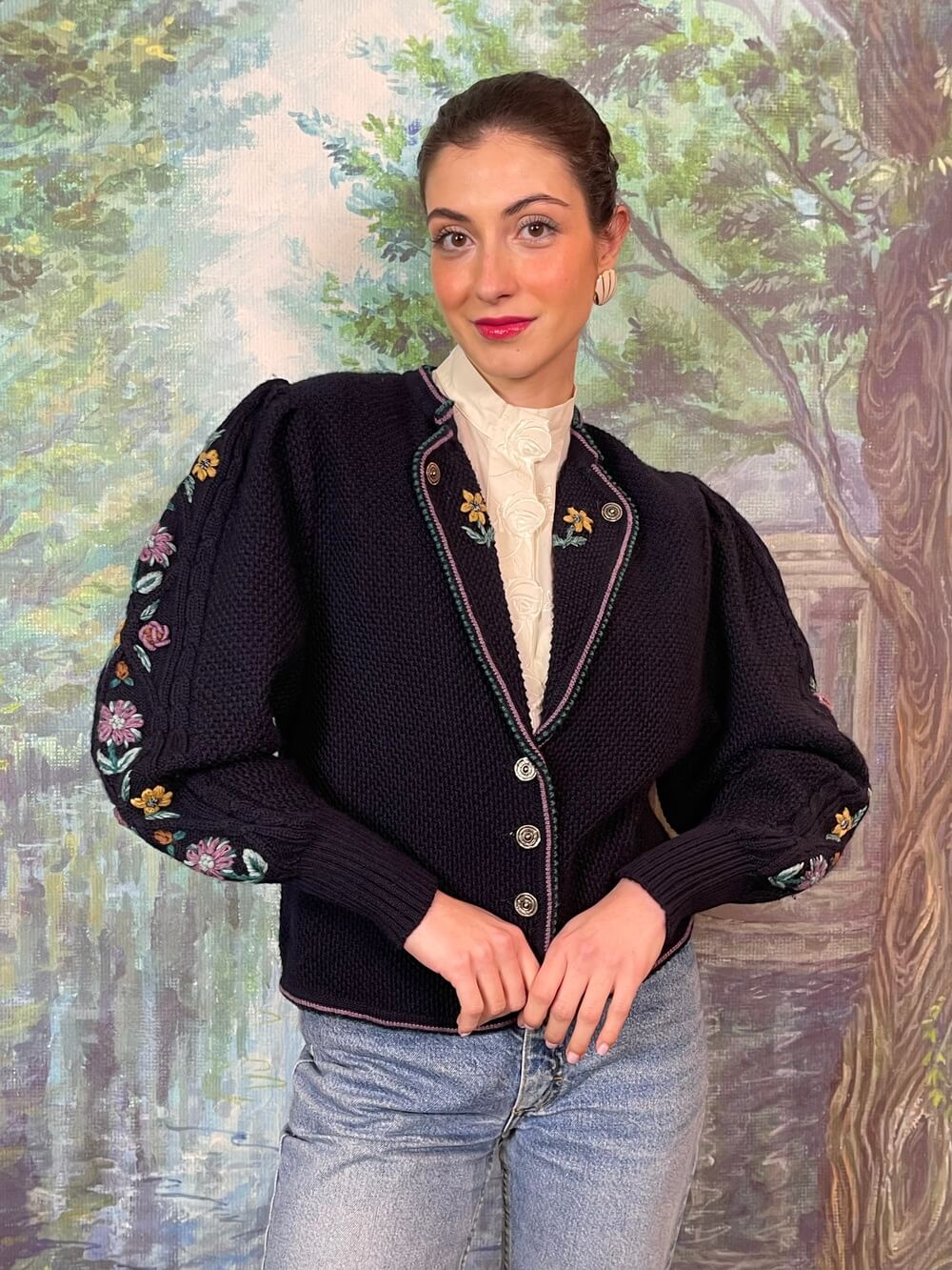 Austrian Wool Knit Cardigan with Floral Embroidery
