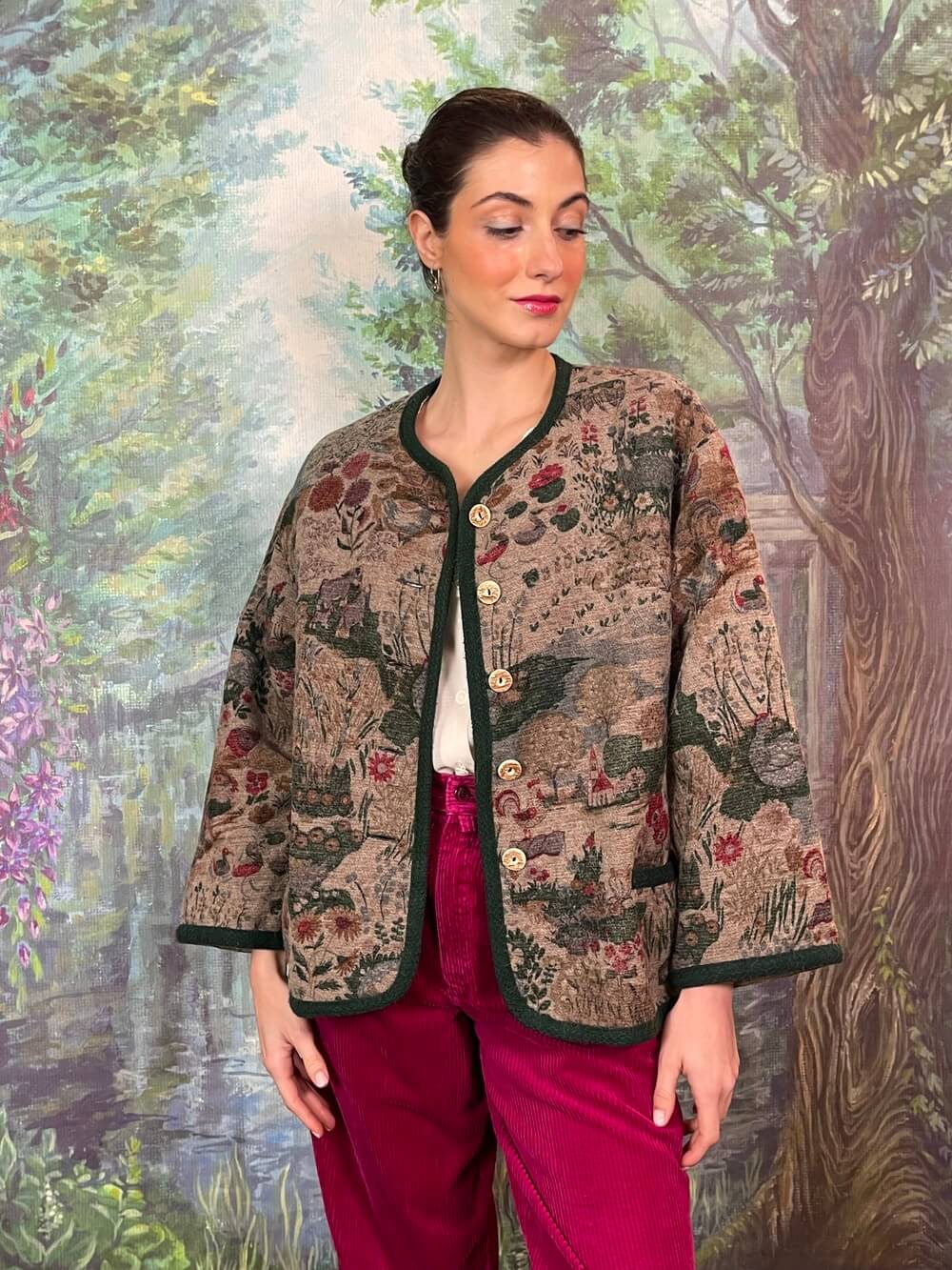 Vintage Austrian Wool Jacket with Folk Landscape Print