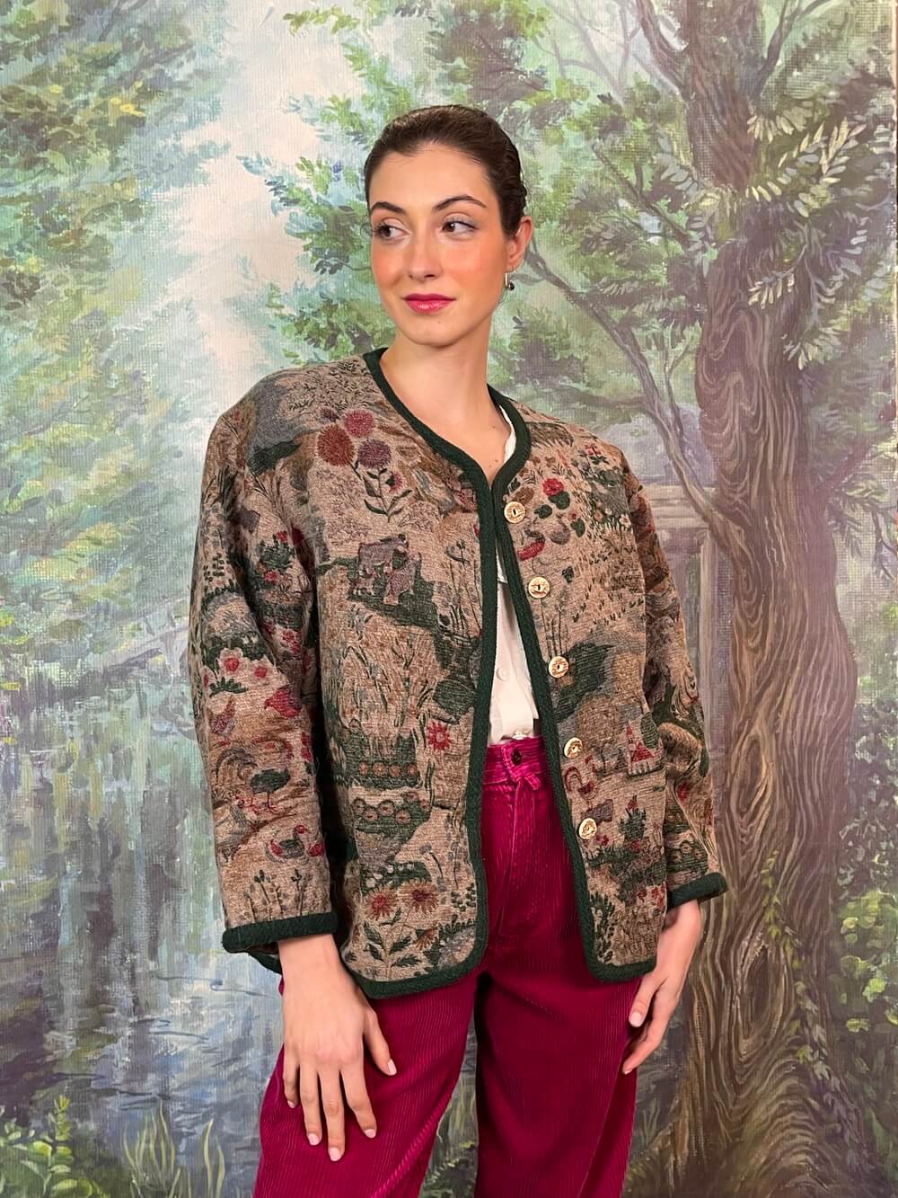 Vintage Austrian Wool Jacket with Folk Landscape Print