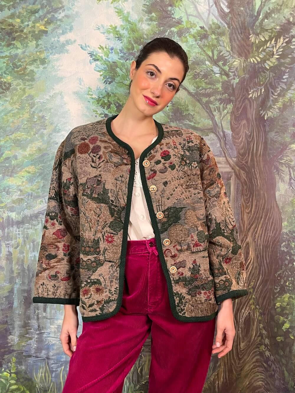 Vintage Austrian Wool Jacket with Folk Landscape Print