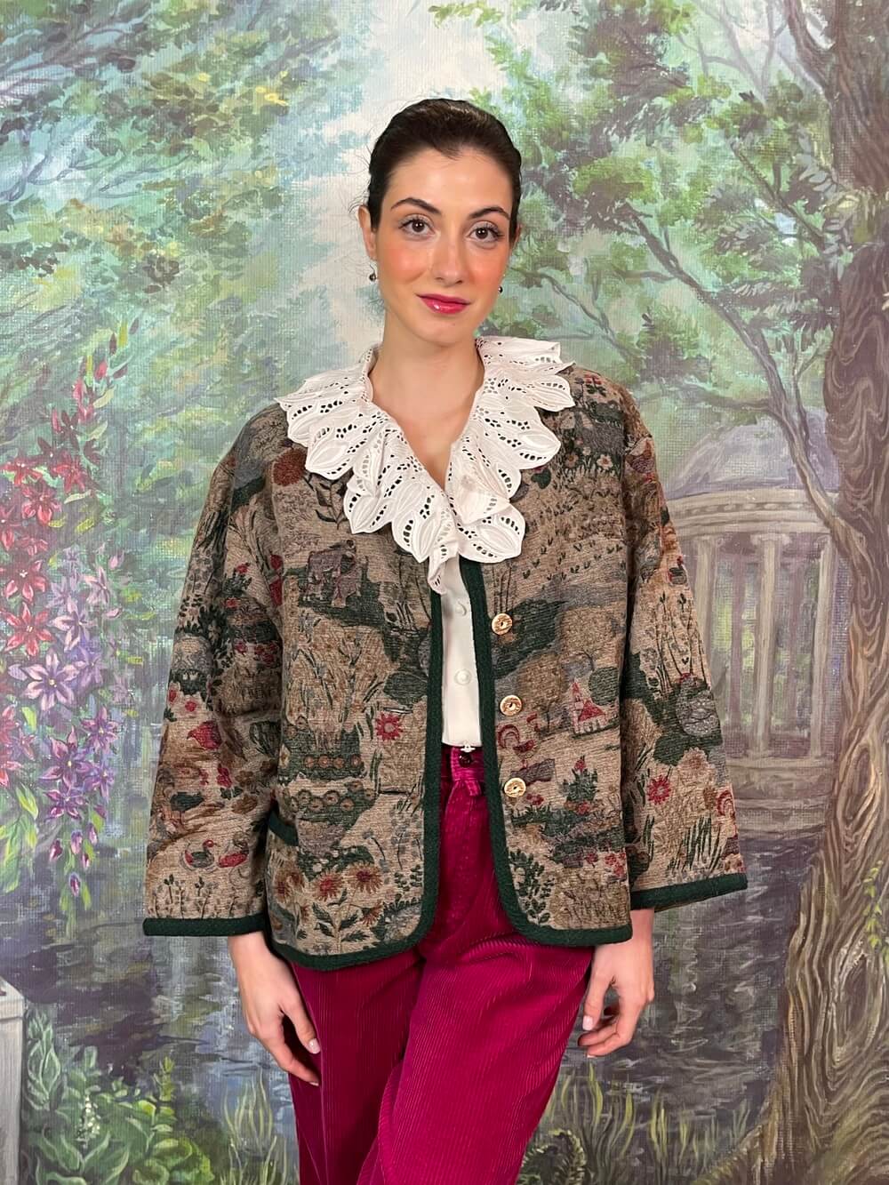Vintage Austrian Wool Jacket with Folk Landscape Print