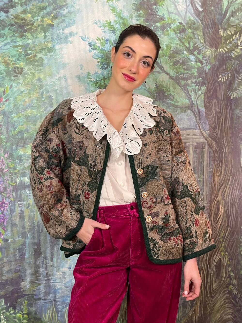 Vintage Austrian Wool Jacket with Folk Landscape Print