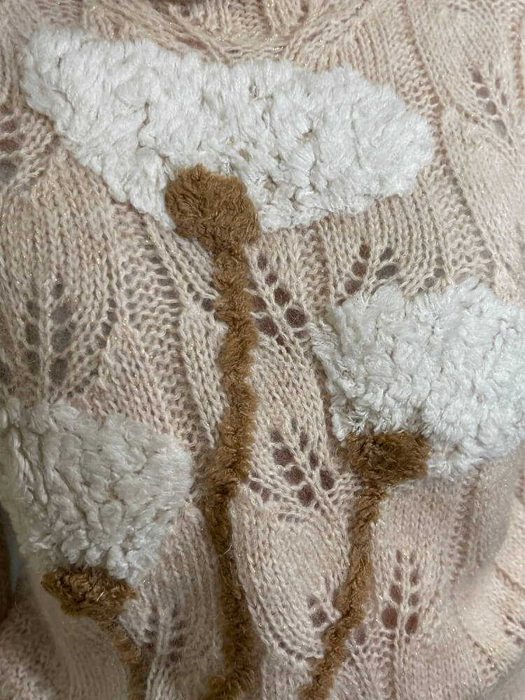 Mohair Knit Sweater with Textured Floral Motifs