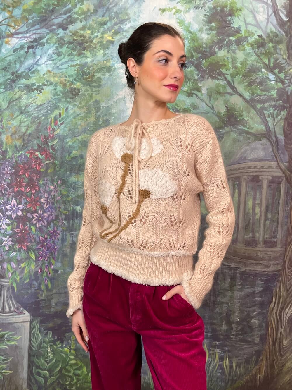 Mohair Knit Sweater with Textured Floral Motifs
