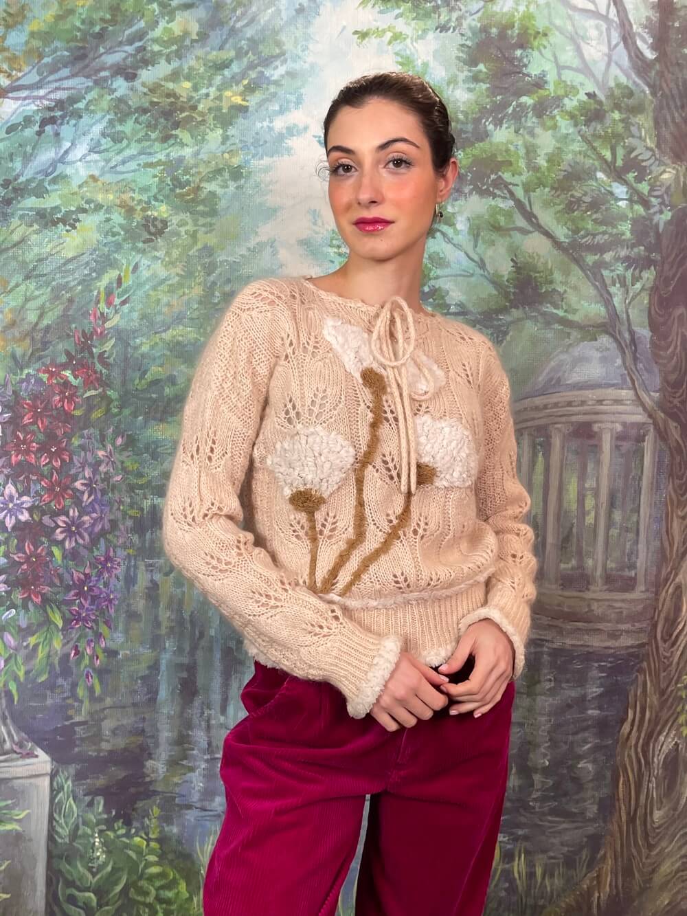 Mohair Knit Sweater with Textured Floral Motifs