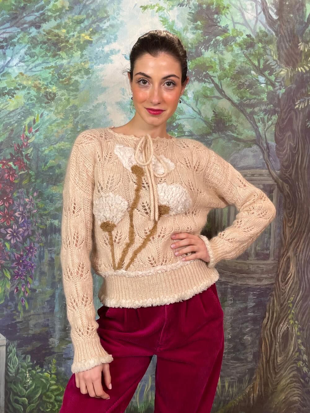 Mohair Knit Sweater with Textured Floral Motifs