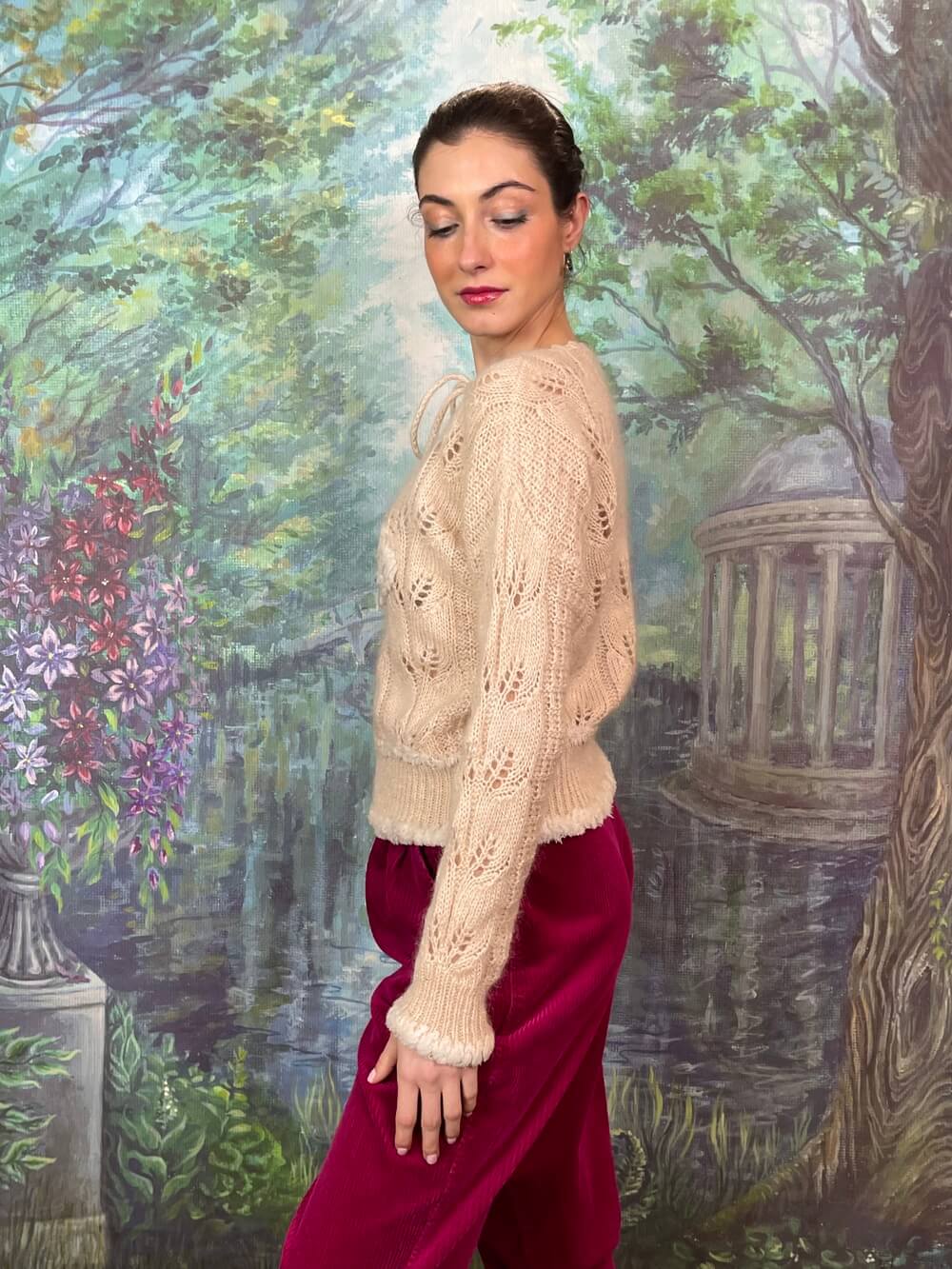 Mohair Knit Sweater with Textured Floral Motifs