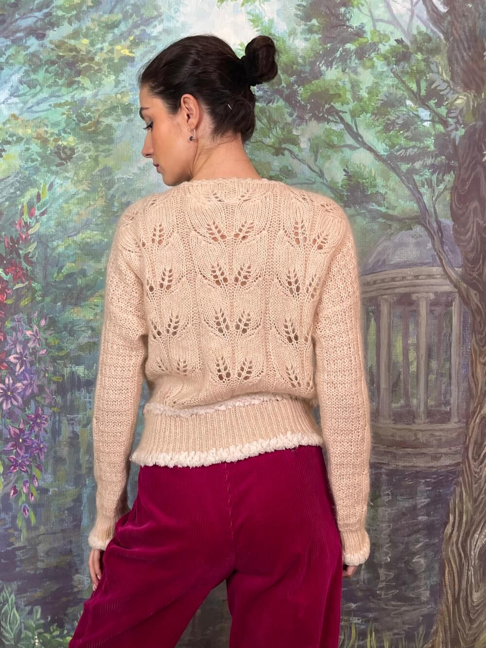 Mohair Knit Sweater with Textured Floral Motifs