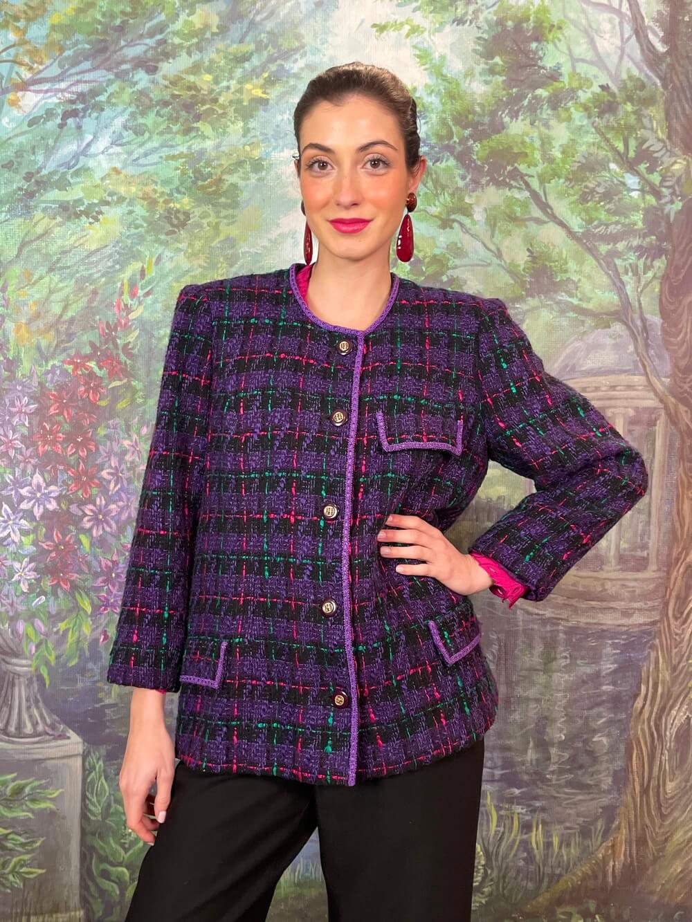 Vintage Purple Tweed Jacket with Contrast Trims