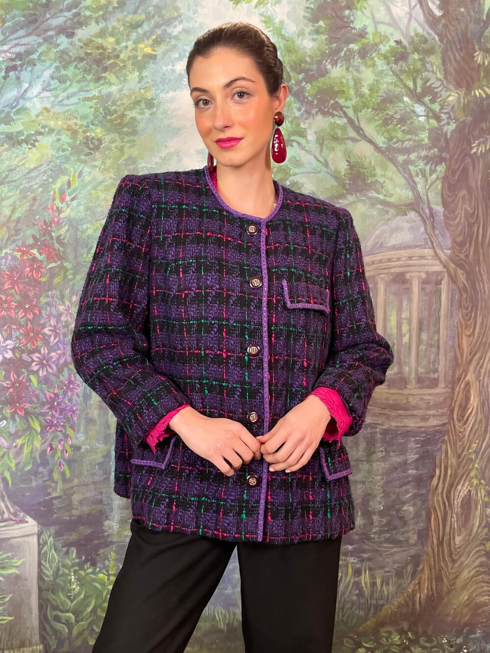 Vintage Purple Tweed Jacket with Contrast Trims