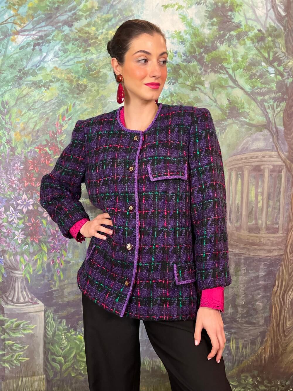 Vintage Purple Tweed Jacket with Contrast Trims
