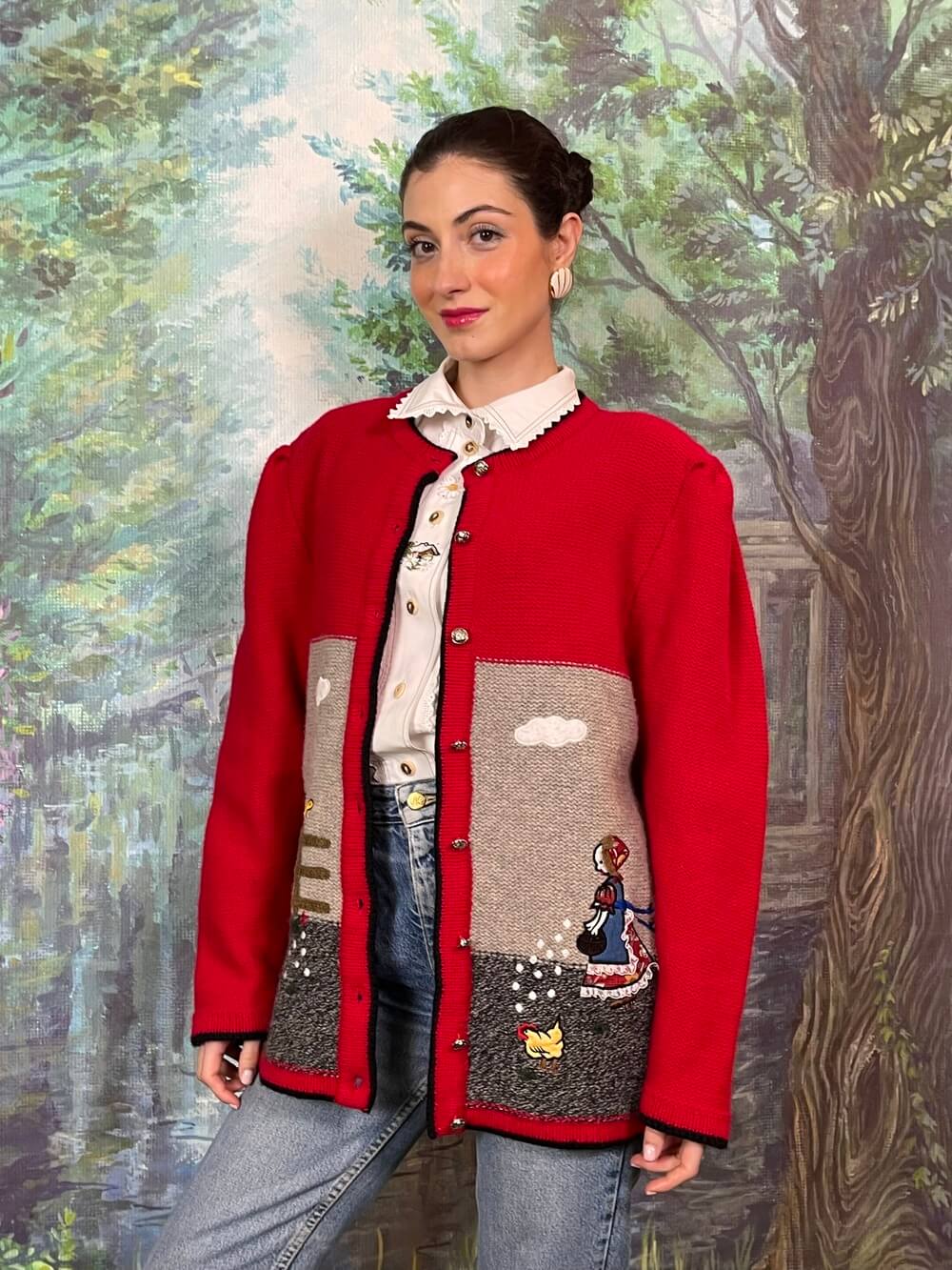 Vintage wool Knit Cardigan with Folk Embroidered Scenes