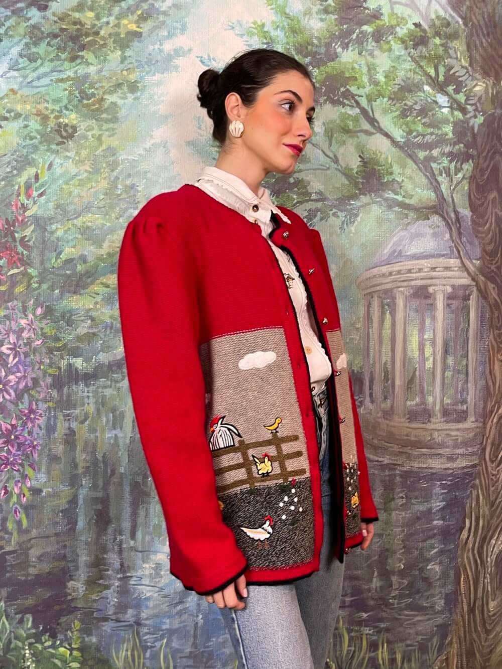 Vintage wool Knit Cardigan with Folk Embroidered Scenes