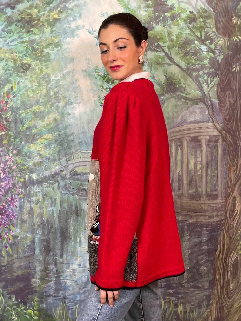 Vintage wool Knit Cardigan with Folk Embroidered Scenes