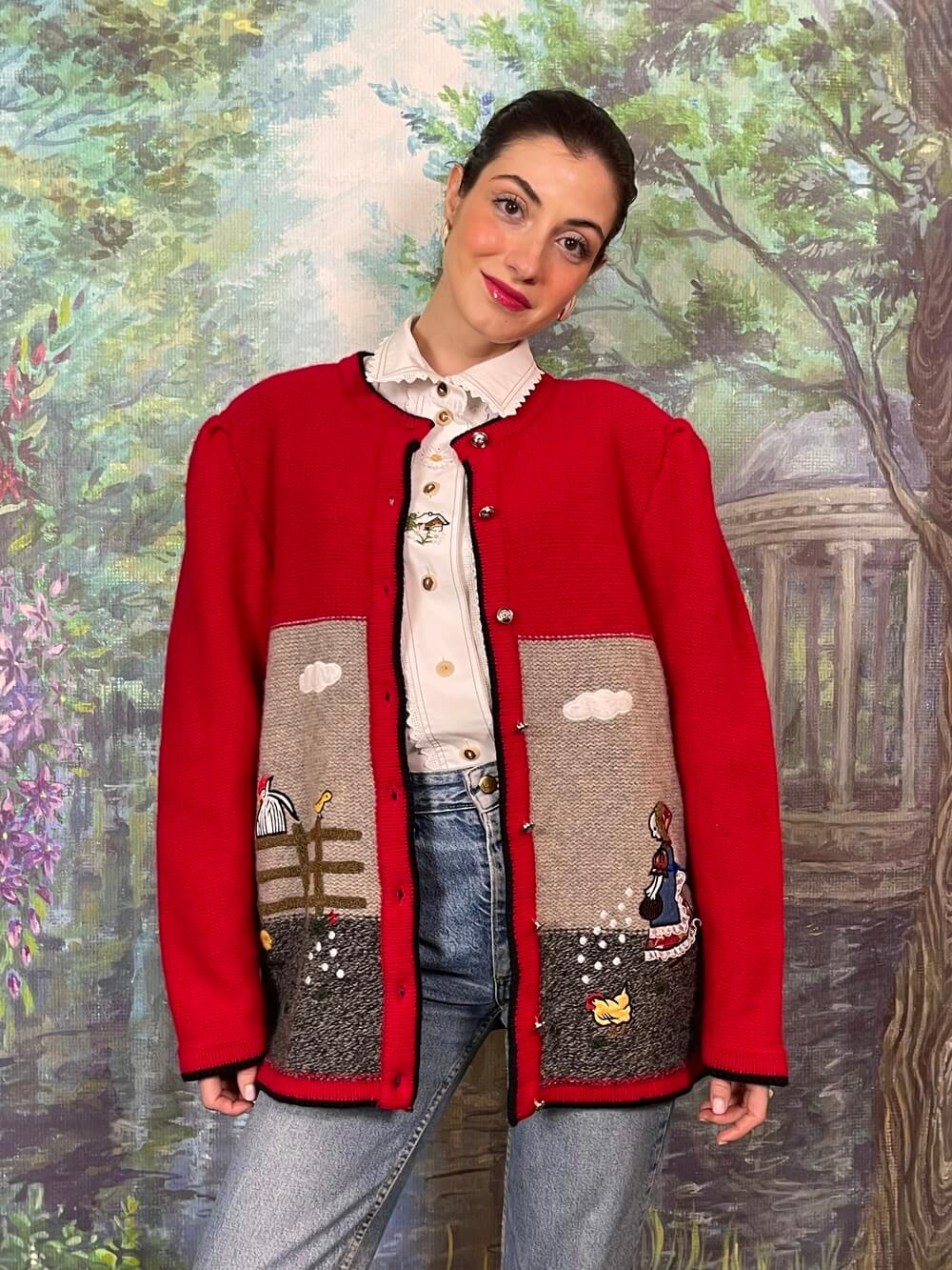 Vintage wool Knit Cardigan with Folk Embroidered Scenes