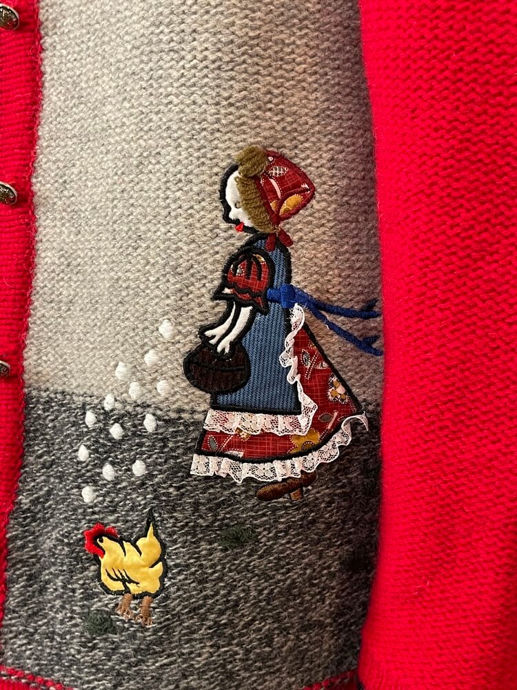 Vintage wool Knit Cardigan with Folk Embroidered Scenes