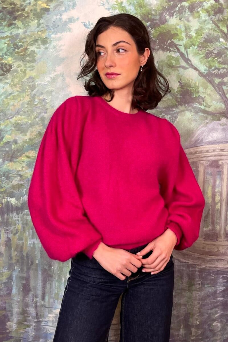 Wool Knit Pink Balloon Sleeve Sweater