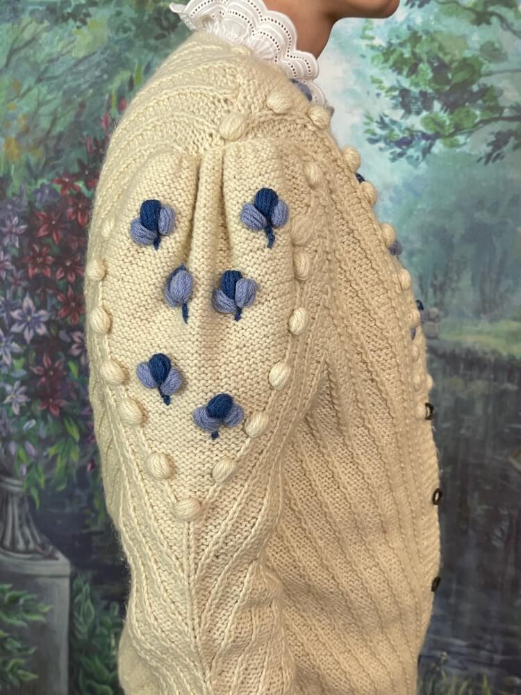 Vintage Austrian cream knit cardigan with floral embroidery
