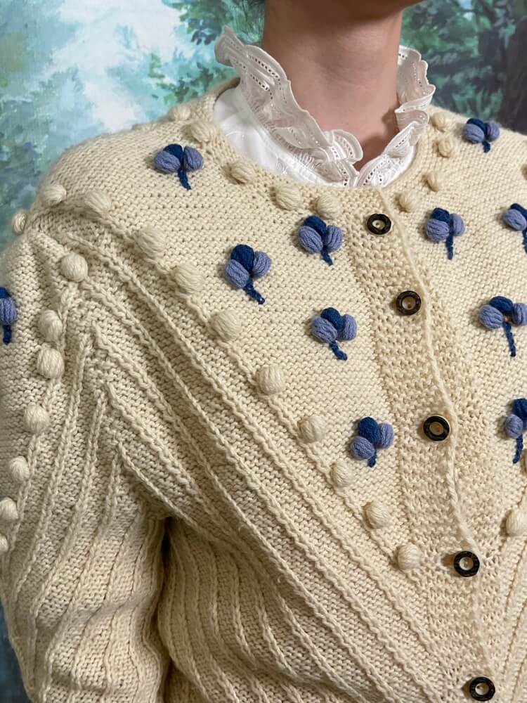Vintage Austrian cream knit cardigan with floral embroidery