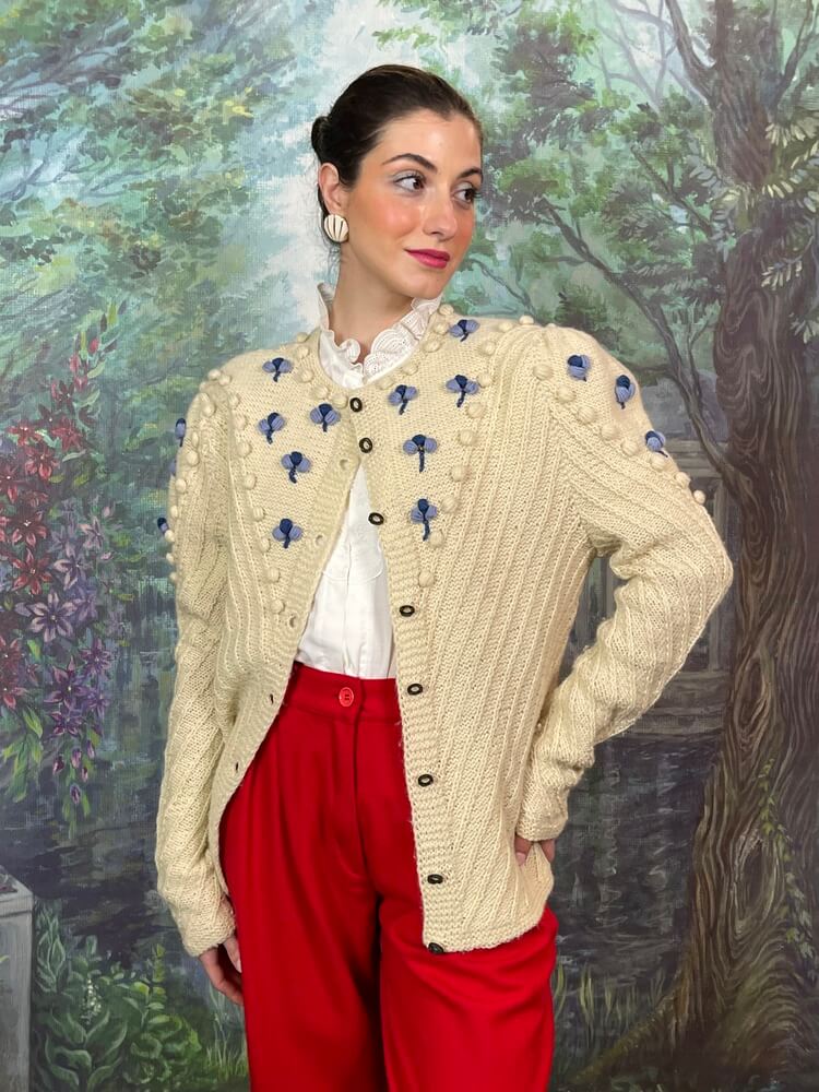 Vintage Austrian cream knit cardigan with floral embroidery