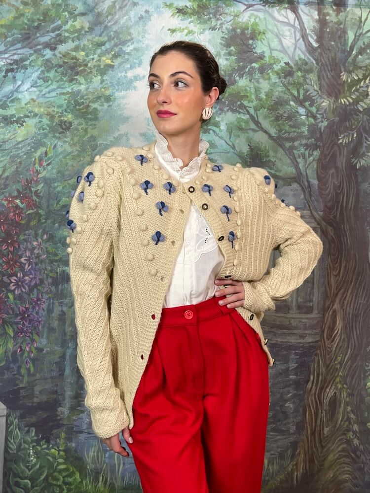 Vintage Austrian cream knit cardigan with floral embroidery