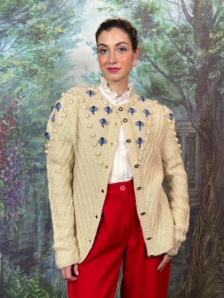 Vintage Austrian cream knit cardigan with floral embroidery