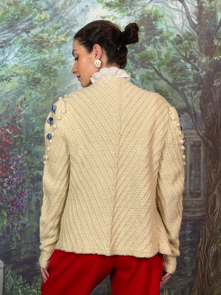 Vintage Austrian cream knit cardigan with floral embroidery