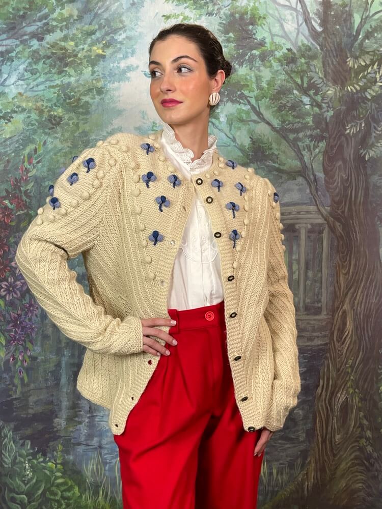 Vintage Austrian cream knit cardigan with floral embroidery