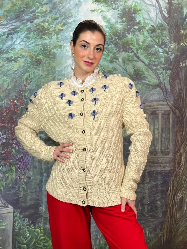 Vintage Austrian cream knit cardigan with floral embroidery