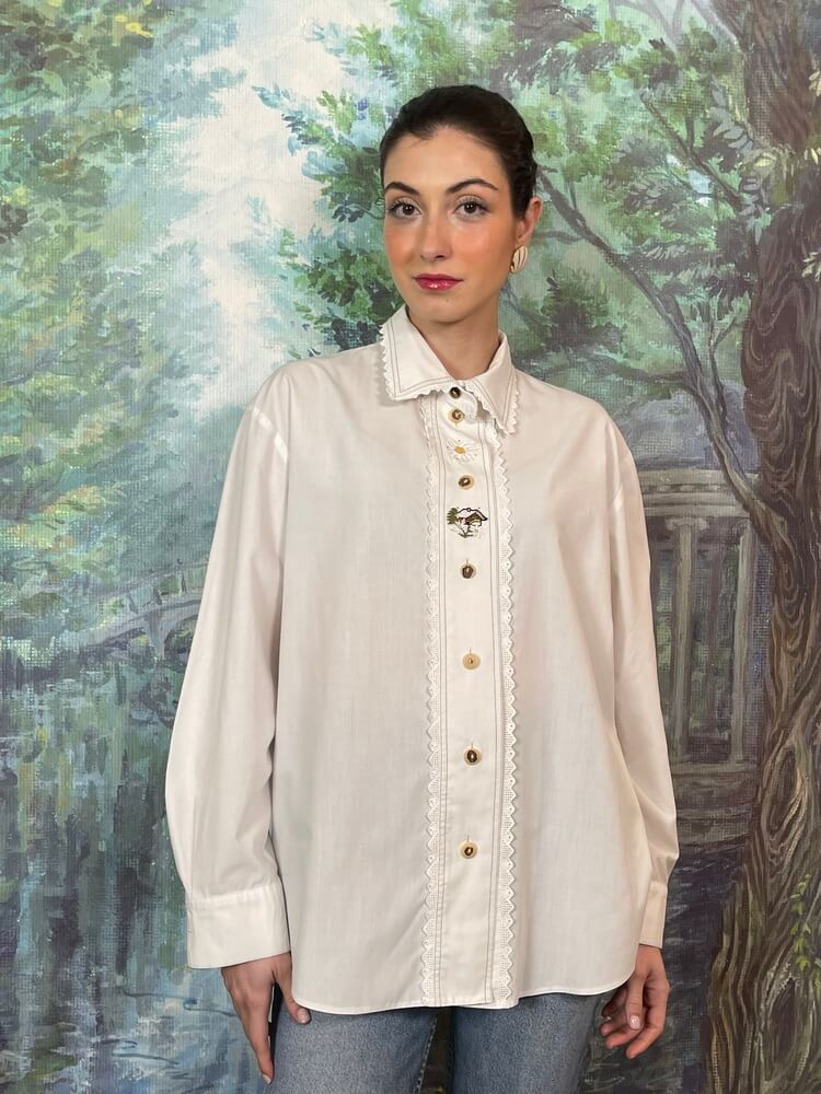 Vintage Austrian embroidered white cotton shirt with lace trim