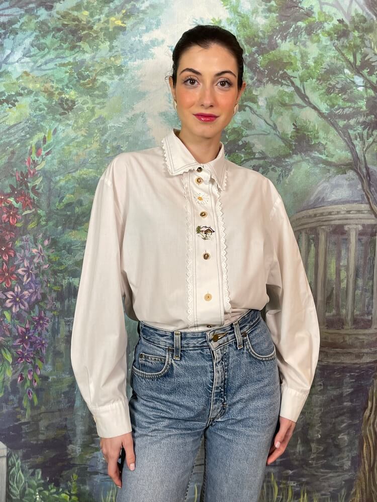 Vintage Austrian embroidered white cotton shirt with lace trim