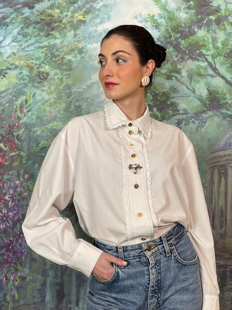 Vintage Austrian embroidered white cotton shirt with lace trim