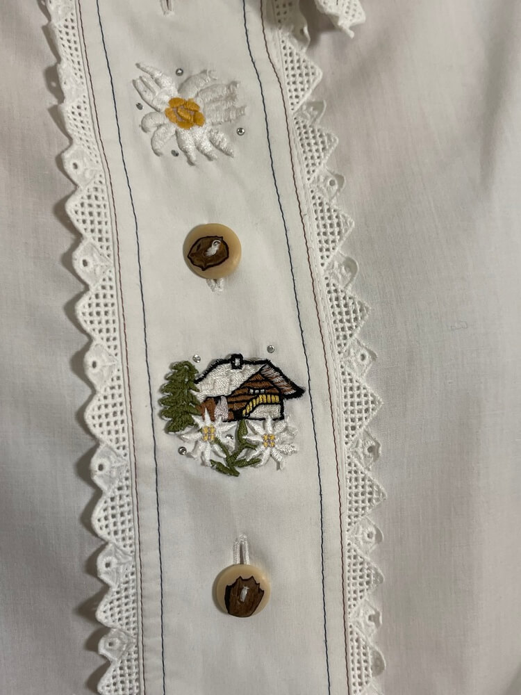 Vintage Austrian embroidered white cotton shirt with lace trim