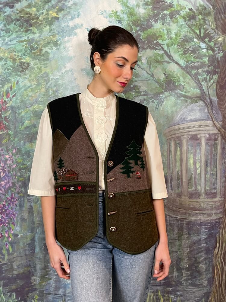 Vintage Austrian embroidered landscape vest